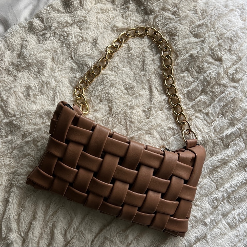 Brown Woven Leather Shoulder Bag with Gold Chain
